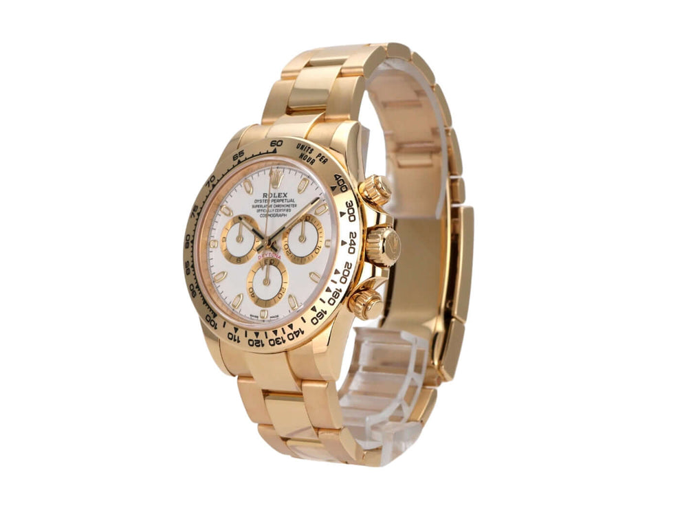 Rolex Cosmograph Daytona 18 kt Gelbgold 116508 Weiß mit poliertem Gehäuse und weißem Zifferblatt.