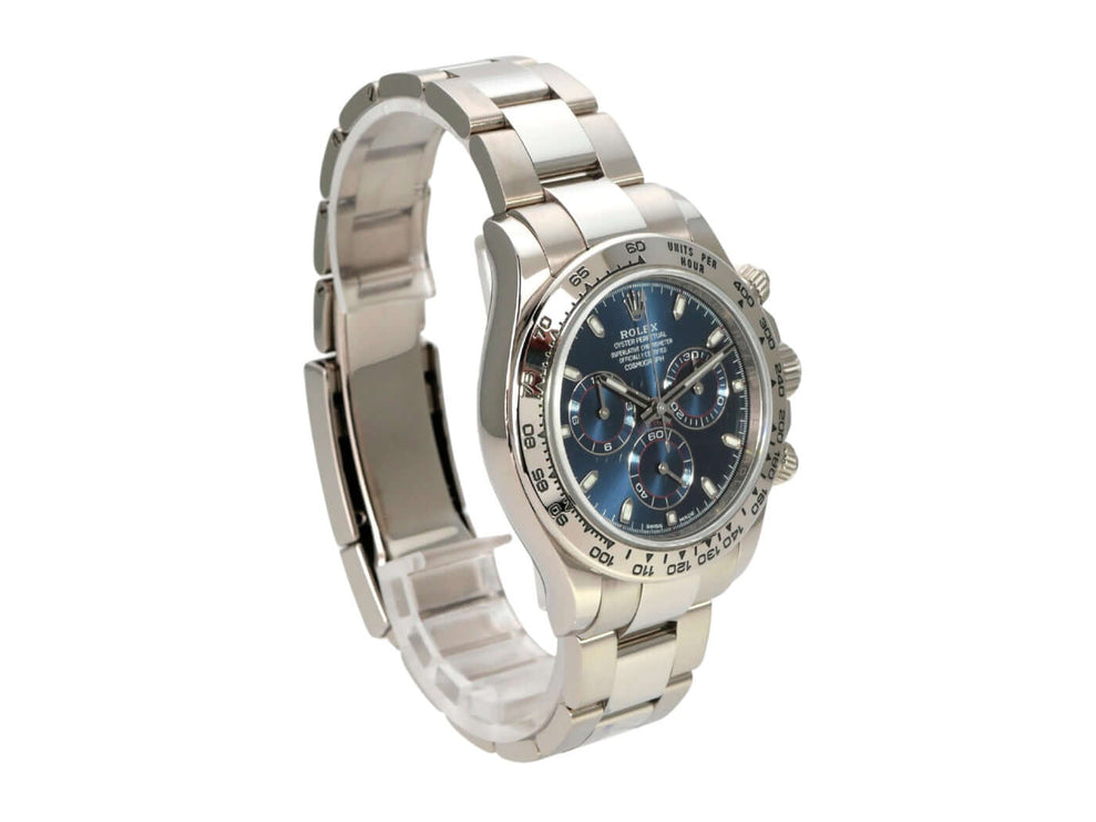 Rolex Cosmograph Daytona 116509 Weißgold Blau Uhr mit blauem Zifferblatt und 18 kt Weißgold Armband