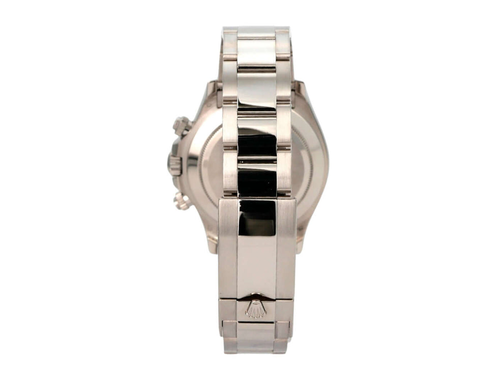 Rolex Cosmograph Daytona 116509 Weißgold Blau Armbandansicht mit poliertem und satiniertem 18 kt Weißgold.