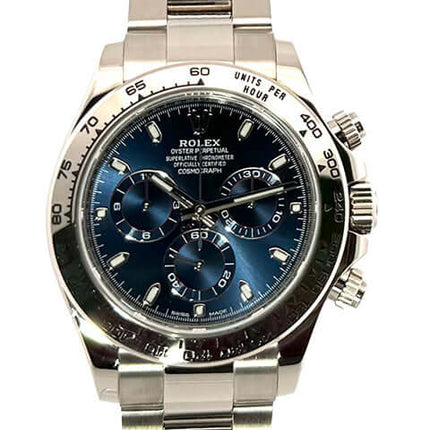 Rolex Cosmograph Daytona 116509 in 18 kt Weißgold mit blauem Zifferblatt, Tachymeterskala und 18 kt Weißgoldarmband.