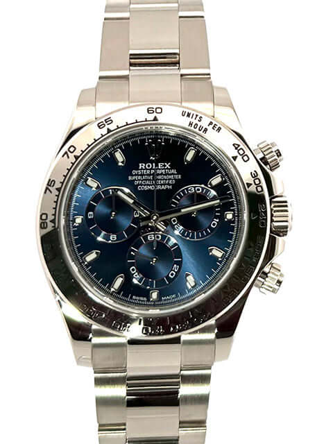 Rolex Cosmograph Daytona 116509 in 18 kt Weißgold mit blauem Zifferblatt, Tachymeterskala und 18 kt Weißgoldarmband.