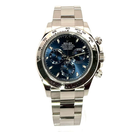 Rolex Cosmograph Daytona 116509 Weißgold mit blauem Zifferblatt, 18 kt poliertes und satiniertes 40 mm Gehäuse, Oyster-Armband aus 2018.