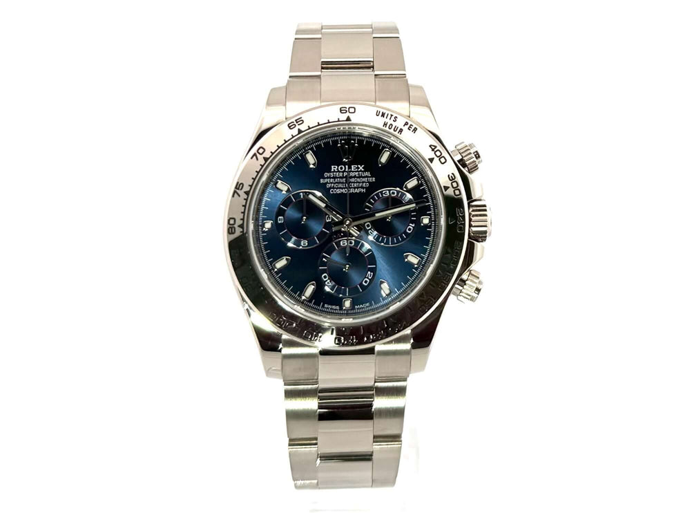 Rolex Cosmograph Daytona 116509 Weißgold mit blauem Zifferblatt, 18 kt poliertes und satiniertes 40 mm Gehäuse, Oyster-Armband aus 2018.