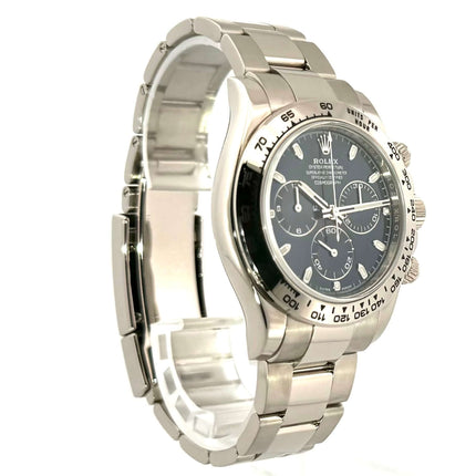 Rolex Cosmograph Daytona 116509 Weißgold Blau mit blauem Zifferblatt, 18 kt Weißgoldgehäuse und Armband, Tachymeterskala, seitliche Ansicht