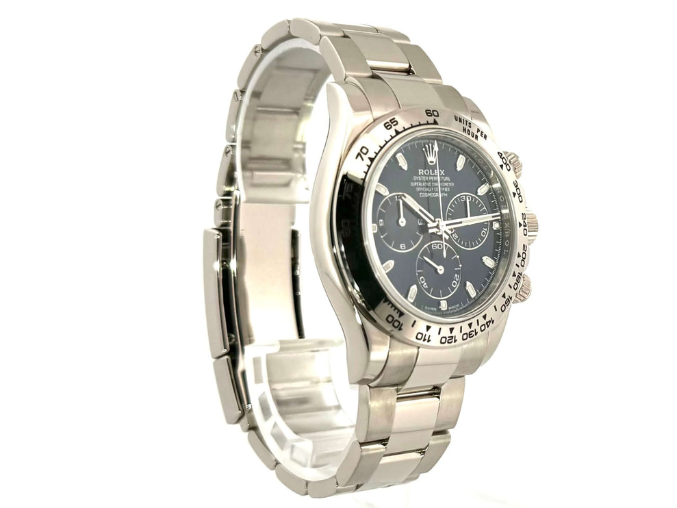 Rolex Cosmograph Daytona 116509 Weißgold Blau mit blauem Zifferblatt, 18 kt Weißgoldgehäuse und Armband, Tachymeterskala, seitliche Ansicht