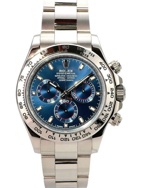 Rolex Cosmograph Daytona 116509 Weißgold Blau mit blauem Zifferblatt und 18 kt Weißgold Gehäuse.