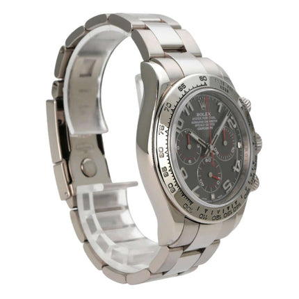Rolex Cosmograph Daytona Weißgold 116509 Grau seitliche Ansicht mit grauem Zifferblatt und 18 kt Weißgold Armband