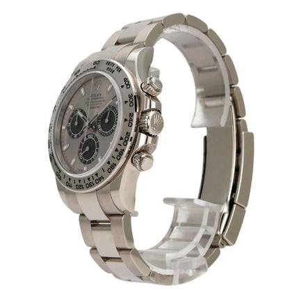 Rolex Cosmograph Daytona Weißgold 116509 Grau Seiteansicht mit grauem Zifferblatt und 18 kt Weißgold Armband