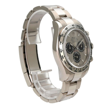Rolex Cosmograph Daytona Weißgold 116509 Grau mit poliertem 18 kt Weißgold Armband und grauem Zifferblatt.