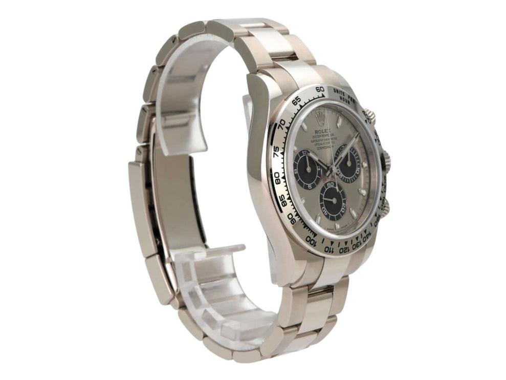 Rolex Cosmograph Daytona Weißgold 116509 Grau mit poliertem 18 kt Weißgold Armband und grauem Zifferblatt.