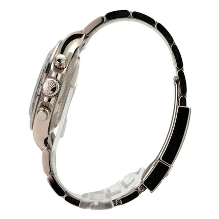 Seitliche Ansicht der Rolex Cosmograph Daytona Weißgold 116509 Grau mit poliertem Gehäuse und Oyster Armband.