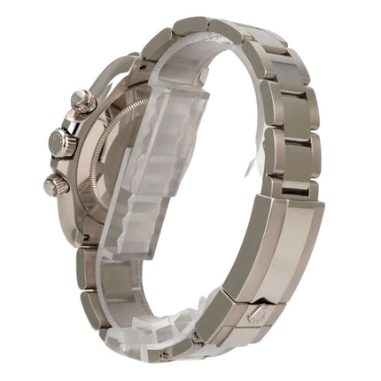 Rolex Cosmograph Daytona Weißgold 116509 Grau seitliche Ansicht mit Oyster Armband aus 18 kt Weißgold.