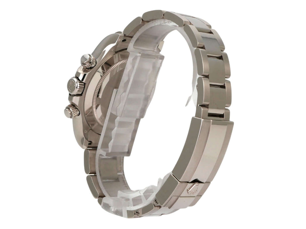 Rolex Cosmograph Daytona Weißgold 116509 Grau seitliche Ansicht mit Oyster Armband aus 18 kt Weißgold.