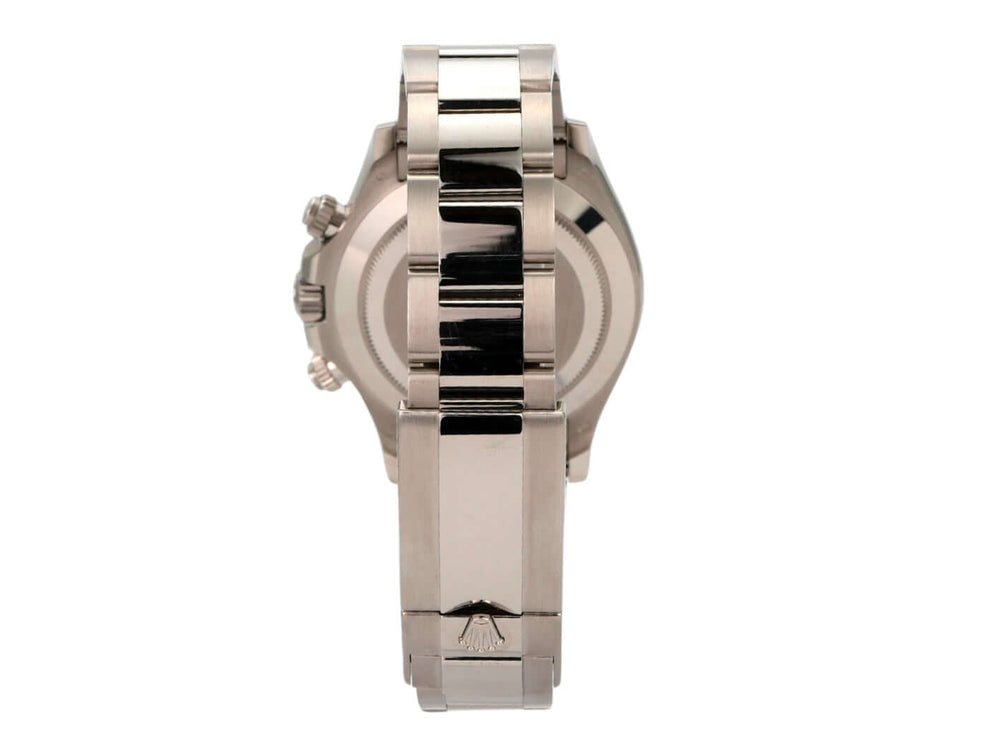 Rolex Cosmograph Daytona Weißgold 116509 Grau Ansicht der Rückseite mit Oyster-Armband aus 18 kt Weißgold.