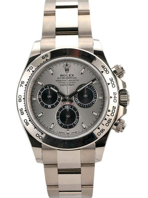 Rolex Cosmograph Daytona Weißgold 116509 Grau mit grauem Zifferblatt und 18 kt Weißgold Armband.