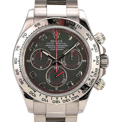 Rolex Cosmograph Daytona 116509 Weißgold Schwarz, Uhrenbild mit schwarzem Zifferblatt und Edelstahlarmband.