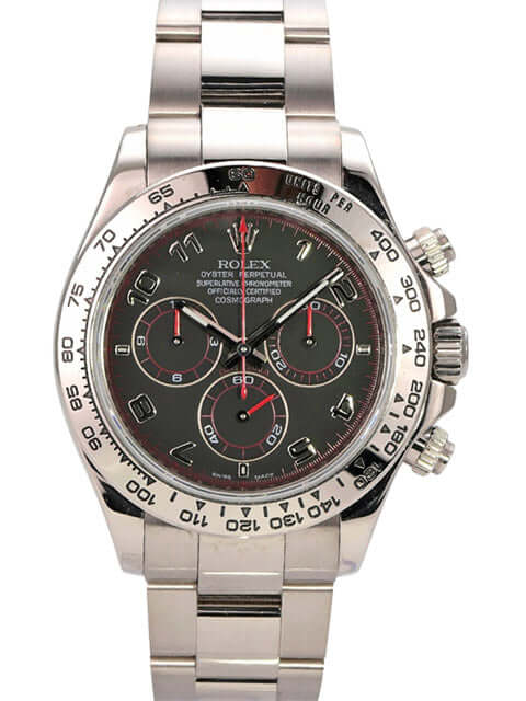 Rolex Cosmograph Daytona 116509 Weißgold Schwarz, Uhrenbild mit schwarzem Zifferblatt und Edelstahlarmband.