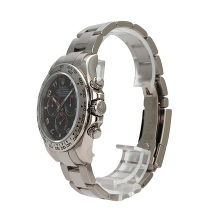 Rolex Cosmograph Daytona 116509 Weißgold Schwarz seitliche Ansicht mit schwarzem Zifferblatt und poliertem Armband.