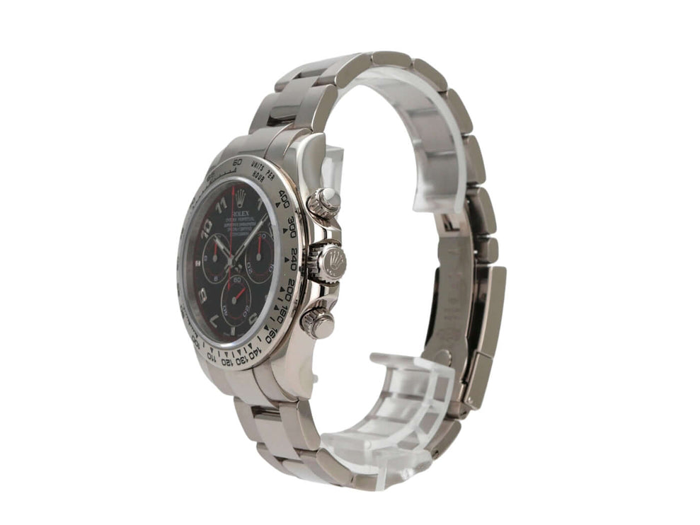 Rolex Cosmograph Daytona 116509 Weißgold Schwarz seitliche Ansicht mit schwarzem Zifferblatt und poliertem Armband.