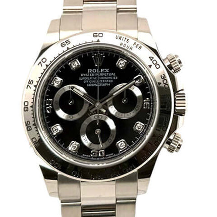 Rolex Cosmograph Daytona 116509 Weißgold mit schwarzem Zifferblatt und Diamantindizes, Oyster Armband, Tachymeterskala, Luxusautomatik.