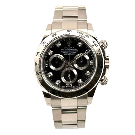 Rolex Cosmograph Daytona 116509 Weißgold Schwarz Diamant Armbanduhr mit 18 kt Weißgold Oyster Armband und schwarzem Zifferblatt.