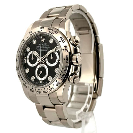 Rolex Cosmograph Daytona 116509 aus Weißgold mit schwarzem Zifferblatt und Diamanten, 18 kt Weißgoldgehäuse und -armband.