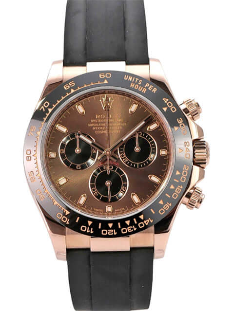 Rolex Daytona 116515LN Everose-Gold Oysterflex Choco mit braunem Zifferblatt und schwarzem Oysterflex-Armband.