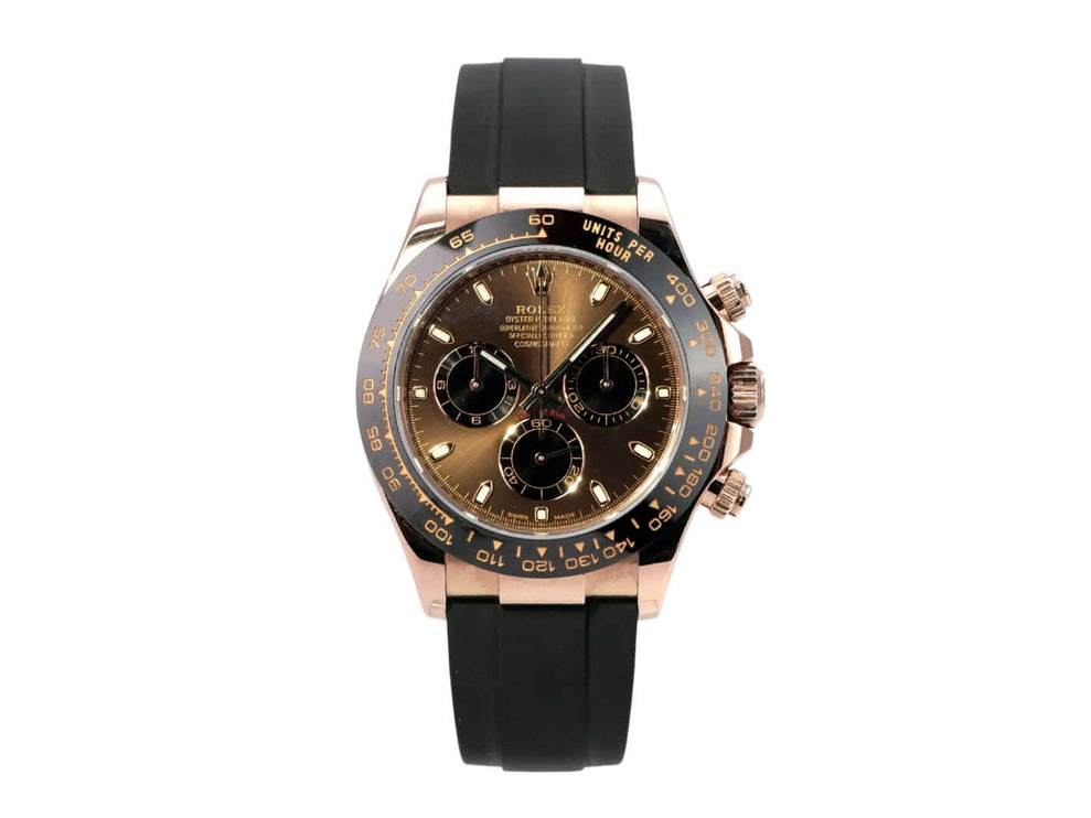 Rolex Daytona 116515LN Everose-Gold Oysterflex Choco, Luxus-Chronograph mit braunem Zifferblatt und schwarzem Oysterflex-Armband