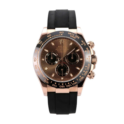 Rolex Daytona 116515LN Everose-Gold Oysterflex Choco mit 40 mm Gehäuse und schwarzem Oysterflex-Armband.