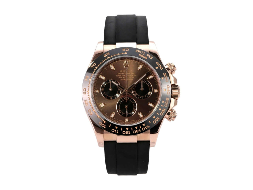 Rolex Daytona 116515LN Everose-Gold Oysterflex Choco mit 40 mm Gehäuse und schwarzem Oysterflex-Armband.