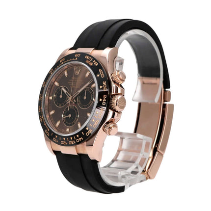 Rolex Daytona 116515LN Everose-Gold Oysterflex Choco Ansicht von der Seite, braunes Zifferblatt und schwarzes Armband