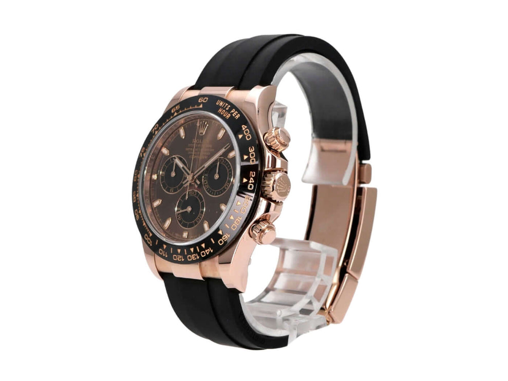 Rolex Daytona 116515LN Everose-Gold Oysterflex Choco Ansicht von der Seite, braunes Zifferblatt und schwarzes Armband