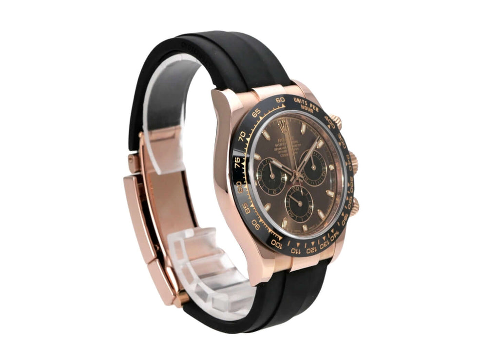 Rolex Daytona 116515LN Everose-Gold Oysterflex Choco in schwarz mit braunem Zifferblatt und Keramik-Lünette.