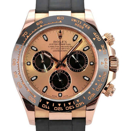 Rolex Daytona Everose-Gold 116515LN Pink Oysterflex Uhr mit schwarzem Oysterflex-Armband und roségoldenem Zifferblatt.