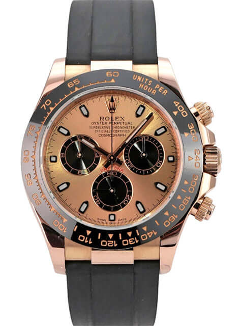 Rolex Daytona Everose-Gold 116515LN Pink Oysterflex Uhr mit schwarzem Oysterflex-Armband und roségoldenem Zifferblatt.