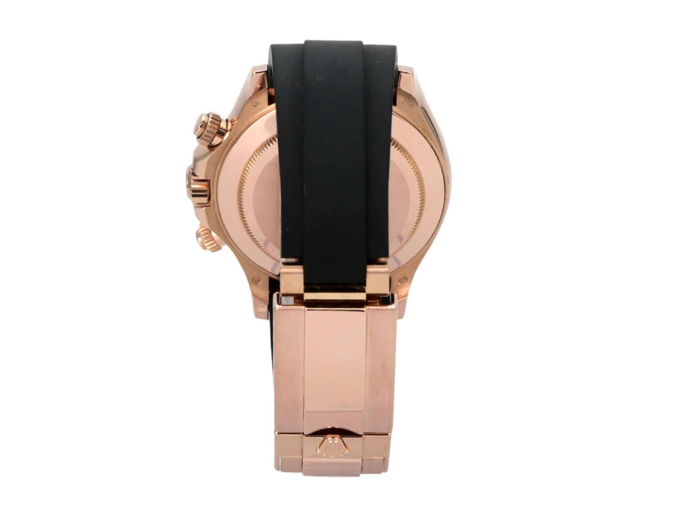 Rolex Daytona Everose-Gold 116515LN Pink Oysterflex Rückansicht des Zeitmessers mit schwarzem Oysterflex-Armband.