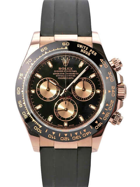 Rolex Daytona 116515LN Everose-Gold Oysterflex Schwarz Automatikwerk mit schwarzem Zifferblatt und pinken Totalisatoren.