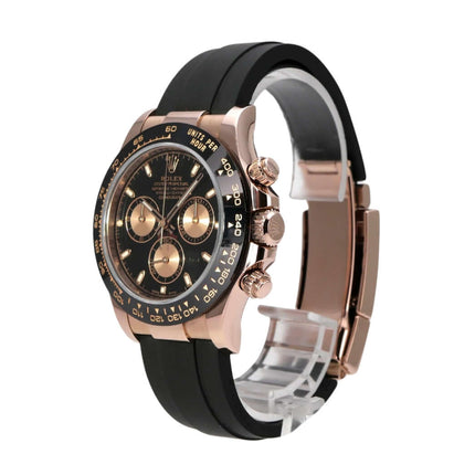 Rolex Daytona 116515LN Everose-Gold Oysterflex Schwarz Uhr mit schwarzem Zifferblatt und goldenen Totalisatoren