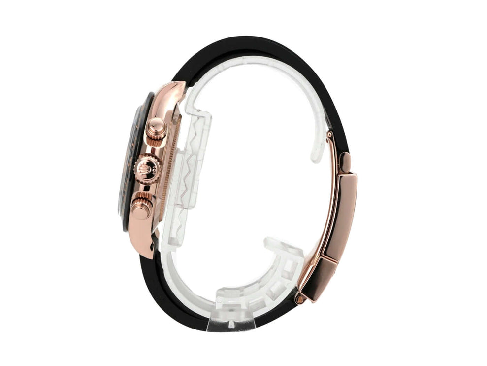 Rolex Daytona 116515LN Everose-Gold Oysterflex Schwarz seitliche Ansicht der Uhr mit schwarzem Band.