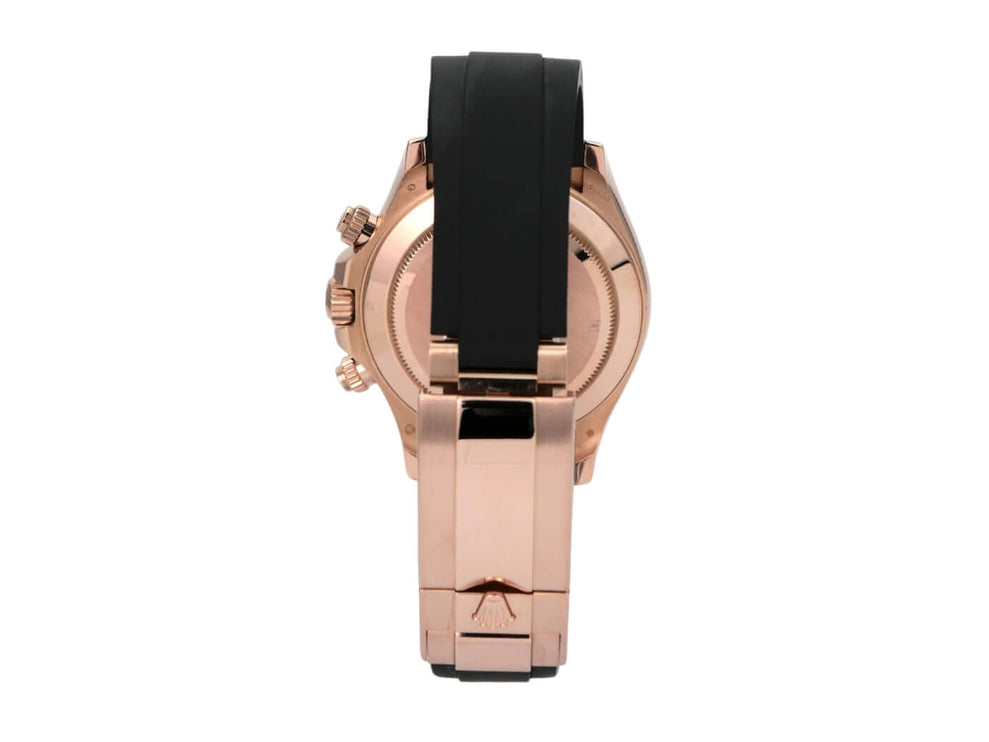 Rolex Daytona 116515LN Everose-Gold Oysterflex Schwarz mit schwarzem Armband und poliertem Gehäuse von hinten