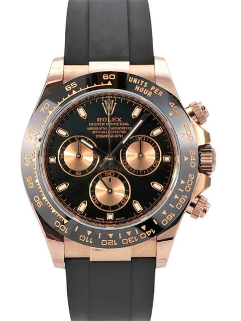 Rolex Daytona 116515LN Everose-Gold Oysterflex Schwarz mit schwarzem Zifferblatt und pinkfarbenen Totalisatoren.
