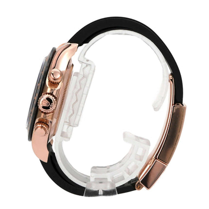 Rolex Daytona 116515LN Everose-Gold Oysterflex Schwarz seitliche Ansicht der Armbanduhr mit schwarzem Oysterflex-Armband.