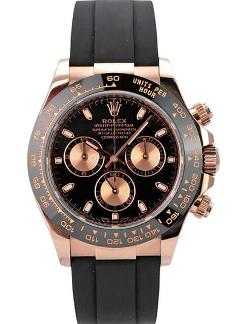 Rolex Daytona 116515LN Everose-Gold Oysterflex Schwarz, schwarzes Zifferblatt mit pinkfarbenen Totalisatoren