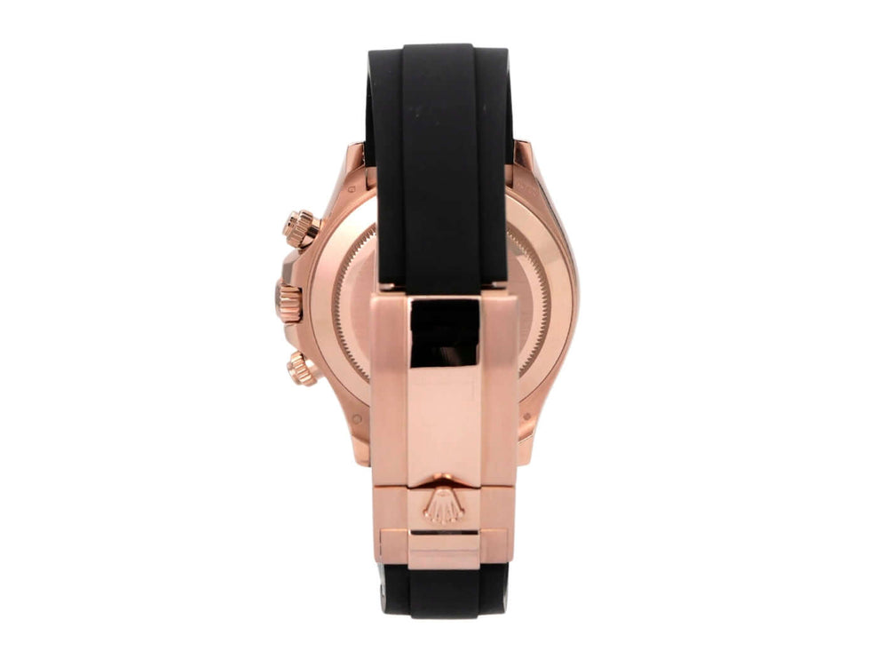 Rolex Daytona 116515LN Everose-Gold Oysterflex Schwarz Rückansicht mit schwarzem Armband und Everose-Gold Gehäuse