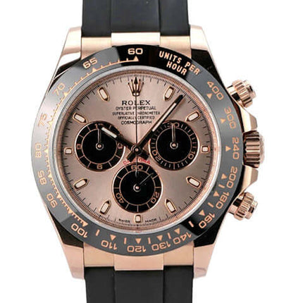Rolex Daytona Everose-Gold 116515LN Sundust Oysterflex auf schwarzem Armband mit braunem Zifferblatt und Chronographen.