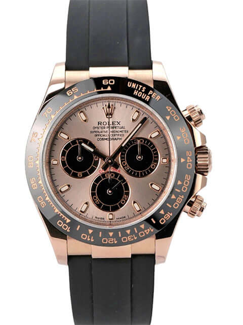 Rolex Daytona Everose-Gold 116515LN Sundust Oysterflex auf schwarzem Armband mit braunem Zifferblatt und Chronographen.