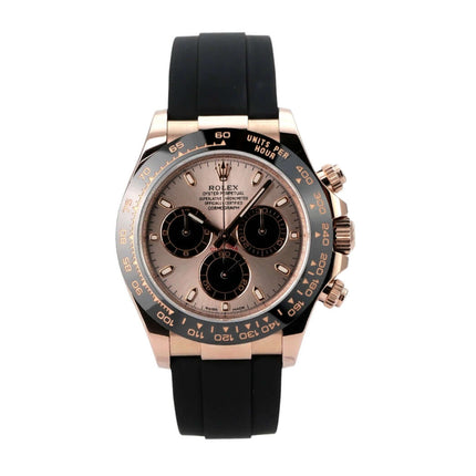 Rolex Daytona Everose-Gold 116515LN Sundust Oysterflex mit schwarzem Armband und Keramikuhrgehäuse.