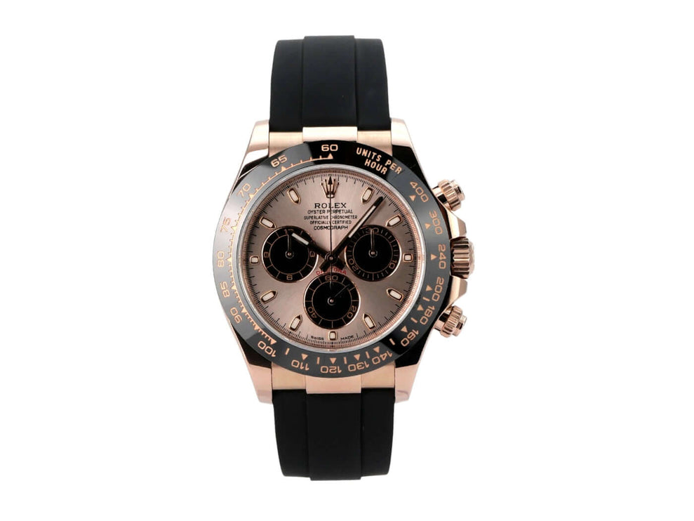 Rolex Daytona Everose-Gold 116515LN Sundust Oysterflex mit schwarzem Armband und Keramikuhrgehäuse.