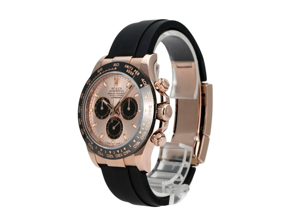 Rolex Daytona Everose-Gold 116515LN Sundust Oysterflex auf einem schwarzen Armband, 40 mm Gehäuse, Keramik Lünette.