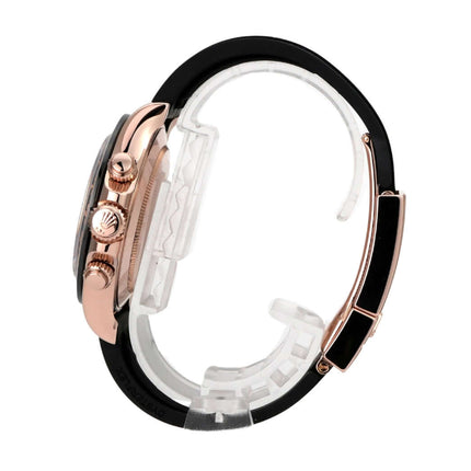 Rolex Daytona Everose-Gold 116515LN Sundust Oysterflex seitliche Ansicht mit schwarzem Armband